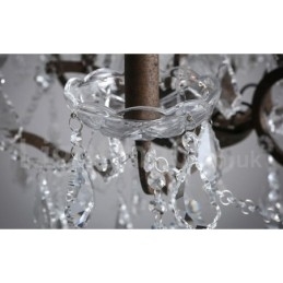Lampadario vintage in metallo dipinto e cristallo a 6 luci, diametro 60 cm, ferro arrugginito
