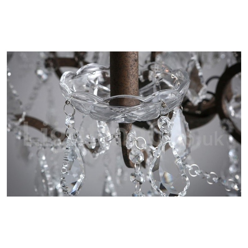 Lampadario vintage in metallo dipinto e cristallo a 6 luci, diametro 60 cm, ferro arrugginito