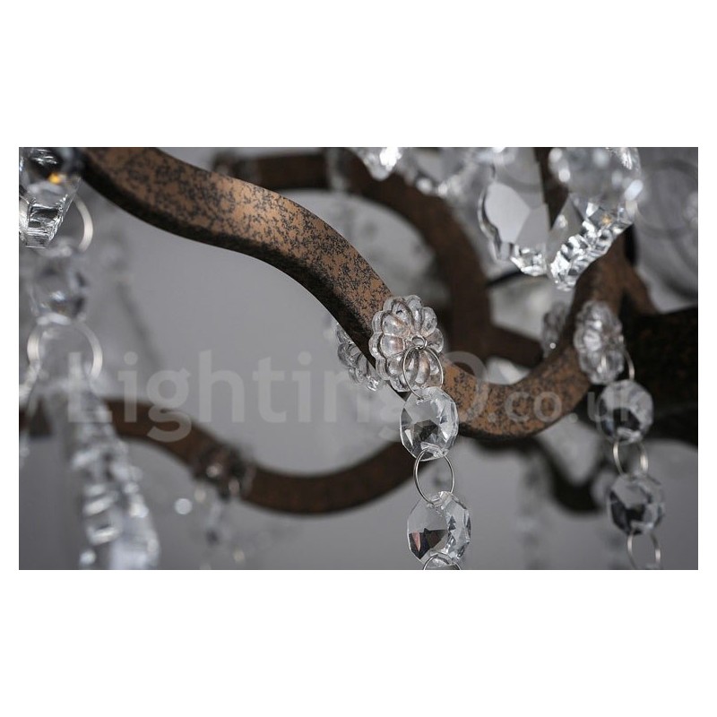 Lampadario vintage in metallo dipinto e cristallo a 6 luci, diametro 60 cm, ferro arrugginito