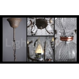 Lampadario vintage in metallo dipinto e cristallo a 6 luci, diametro 60 cm, ferro arrugginito