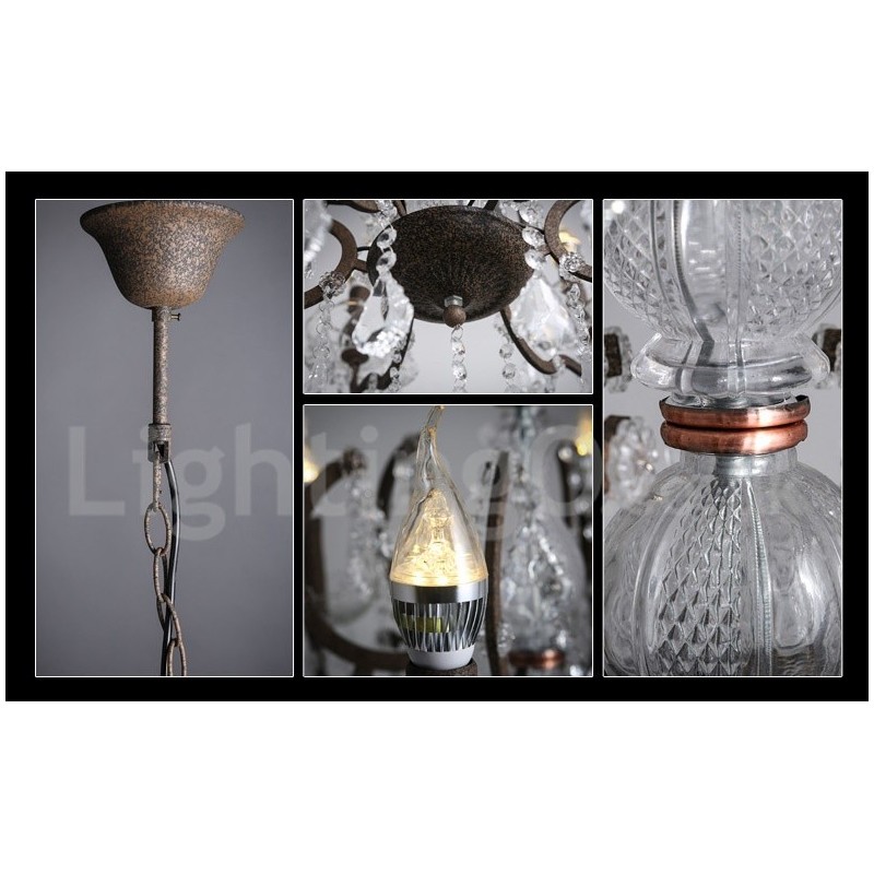 Lampadario vintage in metallo dipinto e cristallo a 6 luci, diametro 60 cm, ferro arrugginito