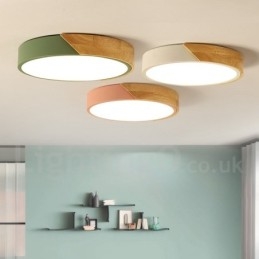 Plafoniera moderna in acciaio e legno, Ø 40 cm, H 5 cm, 2 lampadine LED