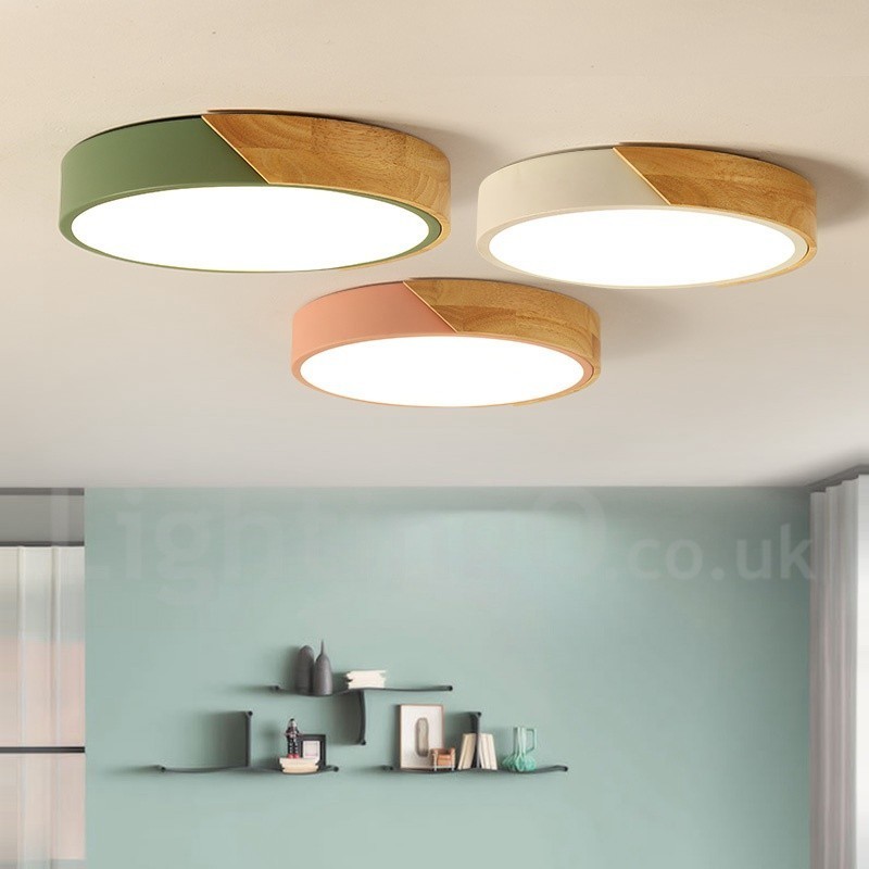 Plafoniera moderna in acciaio e legno, Ø 40 cm, H 5 cm, 2 lampadine LED