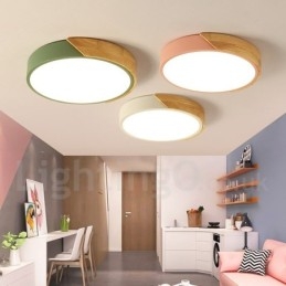 Plafoniera moderna in acciaio e legno, Ø 40 cm, H 5 cm, 2 lampadine LED