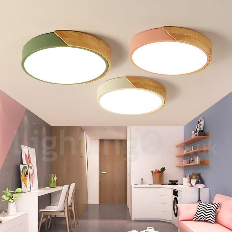 Plafoniera moderna in acciaio e legno, Ø 40 cm, H 5 cm, 2 lampadine LED