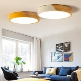 Plafoniera moderna in acciaio e legno, Ø 40 cm, H 5 cm, 2 lampadine LED