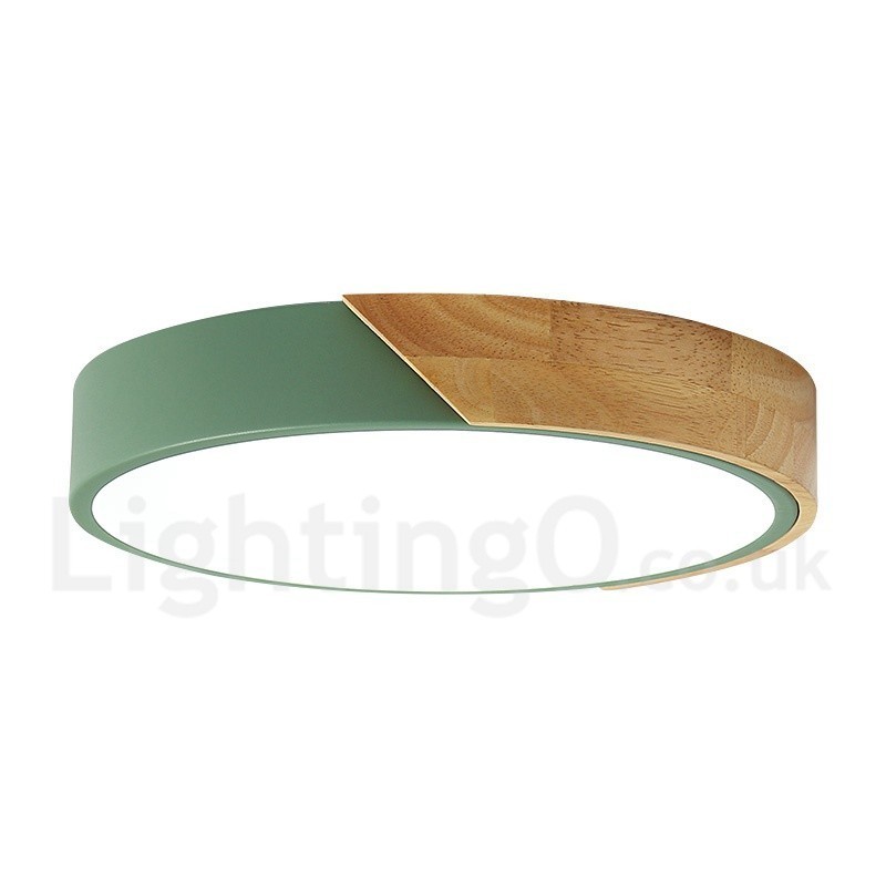 Plafoniera moderna in acciaio e legno, Ø 40 cm, H 5 cm, 2 lampadine LED