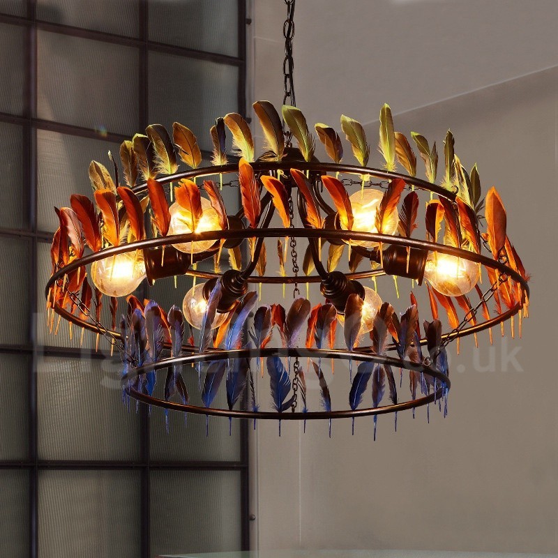 Lampadario a sospensione retrò con paralume in piuma, 72 cm, 6 lampadine G80, catena 2 m