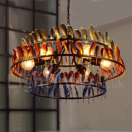 Lampadario a sospensione retrò con paralume in piuma, 72 cm, 6 lampadine G80, catena 2 m