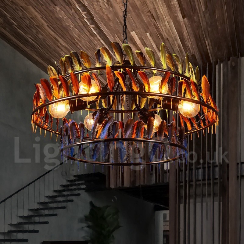 Lampadario a sospensione retrò con paralume in piuma, 72 cm, 6 lampadine G80, catena 2 m