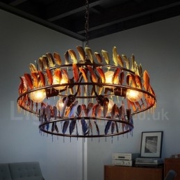 Lampadario a sospensione retrò con paralume in piuma, 72 cm, 6 lampadine G80, catena 2 m