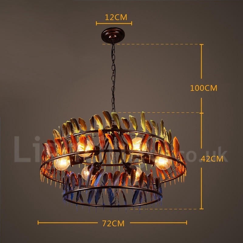 Lampadario a sospensione retrò con paralume in piuma, 72 cm, 6 lampadine G80, catena 2 m