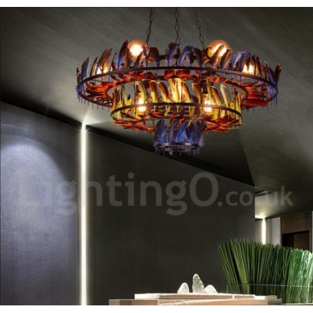 Lampadario a sospensione retrò in acciaio e piuma, Ø 82 cm, H 39 cm, 9 lampadine G80