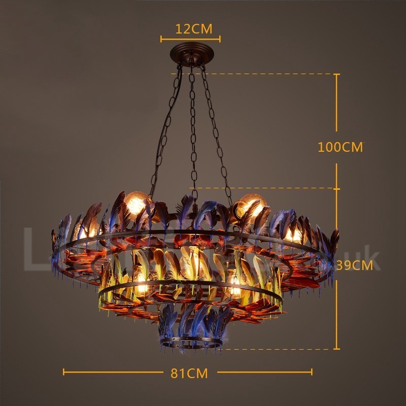 Lampadario a sospensione retrò in acciaio e piuma, Ø 82 cm, H 39 cm, 9 lampadine G80