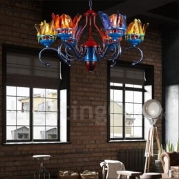 Lampadario a sospensione retrò in acciaio e piuma, 70 cm, E27, 6 lampadine