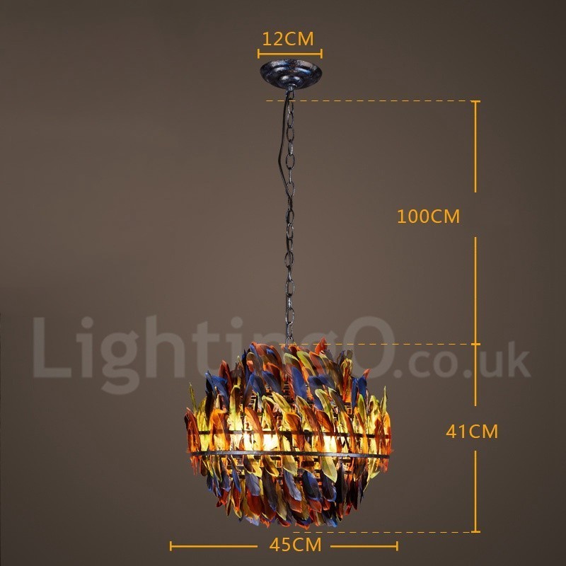 Lampadario a sospensione retrò in acciaio e piuma, 45 cm, E27, 4 lampadine