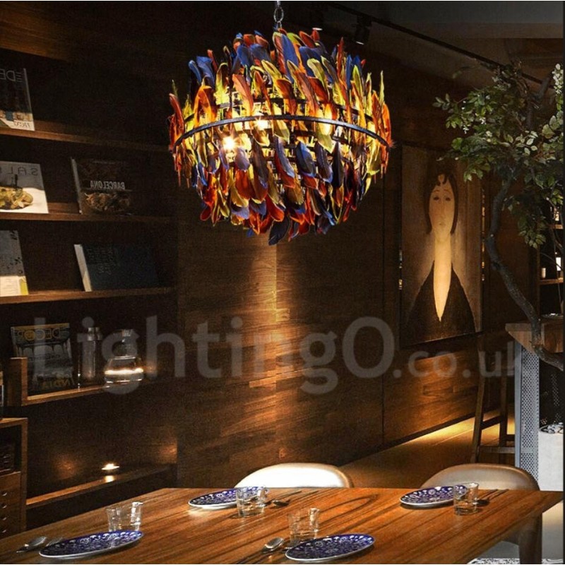 Lampadario a sospensione retrò in acciaio e piuma, 45 cm, E27, 4 lampadine