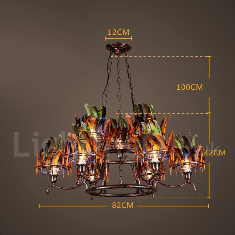 Lampadario a sospensione retrò in acciaio e piume 9 lampadine E24 Ø 82 cm