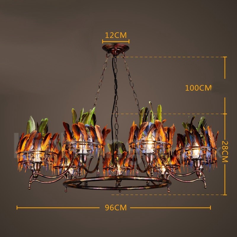 Lampadario a sospensione retrò in acciaio e piume, 9 lampadine E24, Ø 96 cm