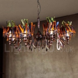 Lampadario a sospensione retrò in acciaio e piume 8x E24 Ø 88 cm H 48 cm