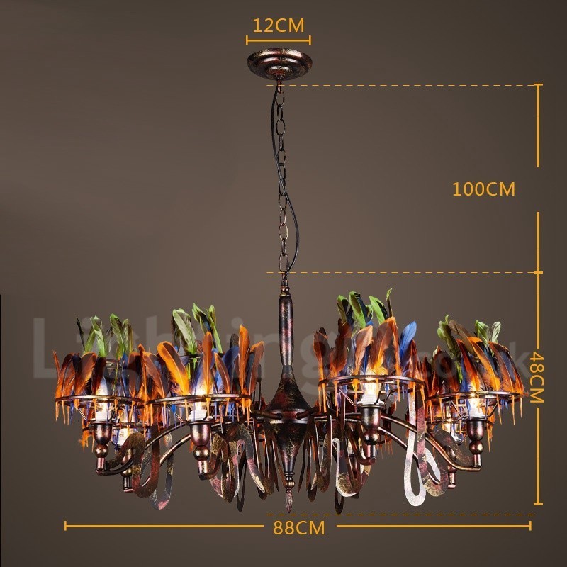 Lampadario a sospensione retrò in acciaio e piume 8x E24 Ø 88 cm H 48 cm