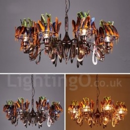Lampadario a sospensione retrò in acciaio e piume 8x E24 Ø 88 cm H 48 cm