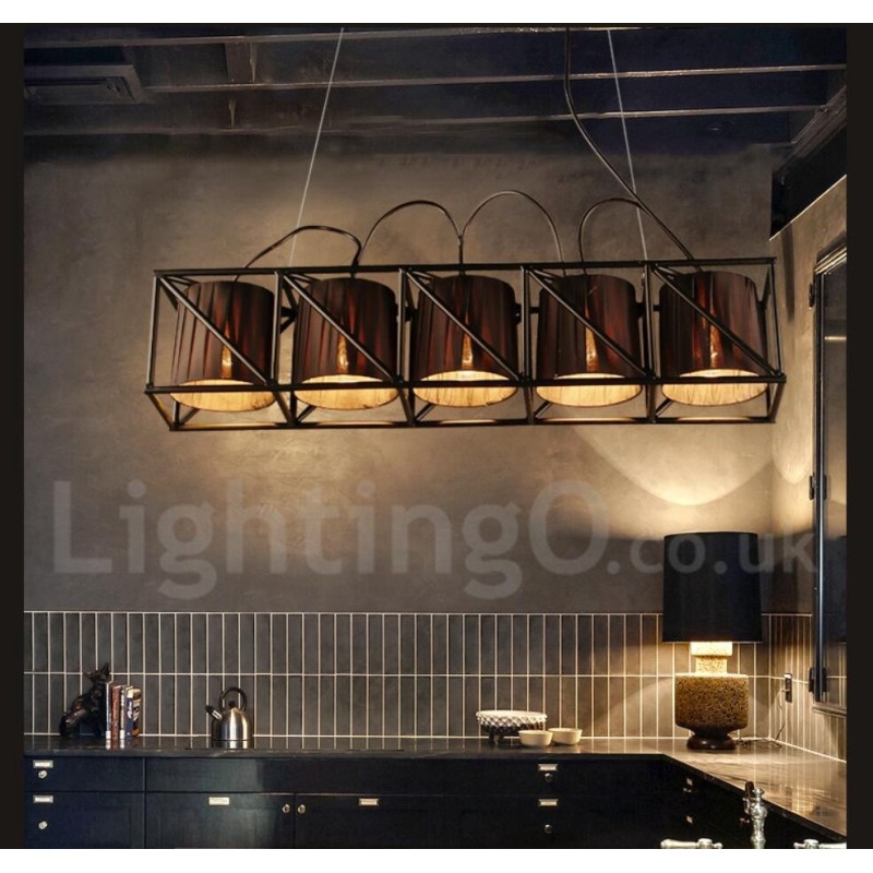 Lampadario a sospensione industriale in acciaio e tessuto 5 luci E27 75x26 cm