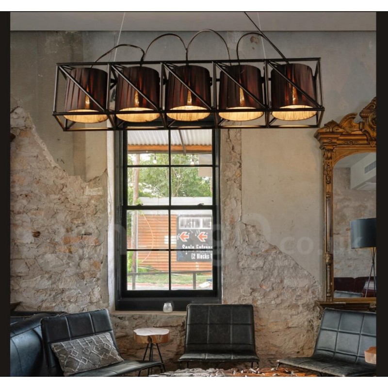 Lampadario a sospensione industriale in acciaio e tessuto 5 luci E27 75x26 cm