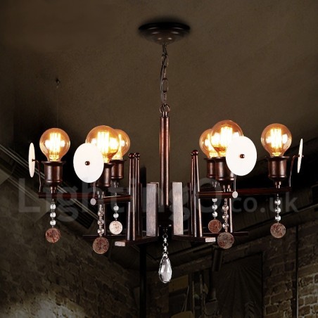 Lampadario a sospensione industriale in acciaio, acrilico e cristallo, 6 lampadine G80