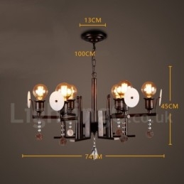Lampadario a sospensione industriale in acciaio, acrilico e cristallo, 6 lampadine G80