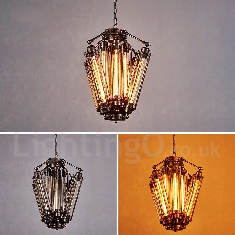Lampadario a sospensione industriale in acciaio e vetro E27 8 luci Ø 47 cm H 52 cm