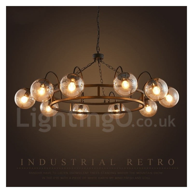 Lampadario a sospensione industriale in acciaio e vetro 10x E27 Ø 100 cm H 60 cm