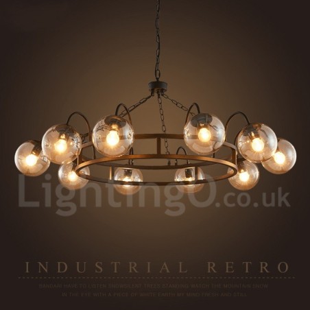 Lampadario a sospensione industriale in acciaio e vetro 10x E27 Ø 100 cm H 60 cm