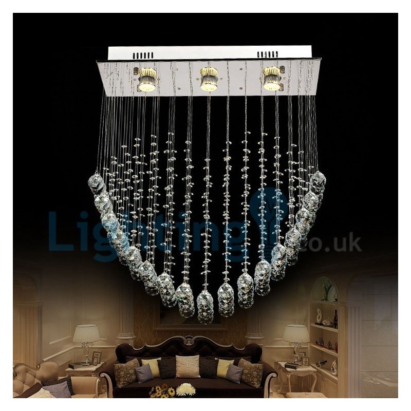 Lampadario moderno a sospensione con gocce di cristallo, 3 luci LED, 60 x 20 x 65 cm