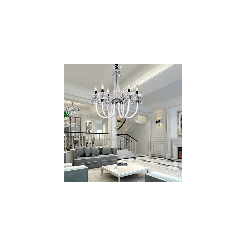Lampadario rustico Lodge a 6 luci con paralume in vetro bianco
