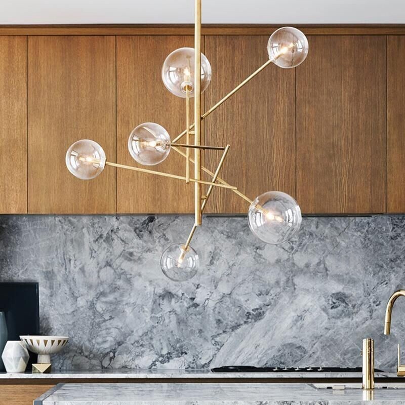 Lampadario nordico a 6 luci in ferro e vetro, forma a fagiolo, 60 cm