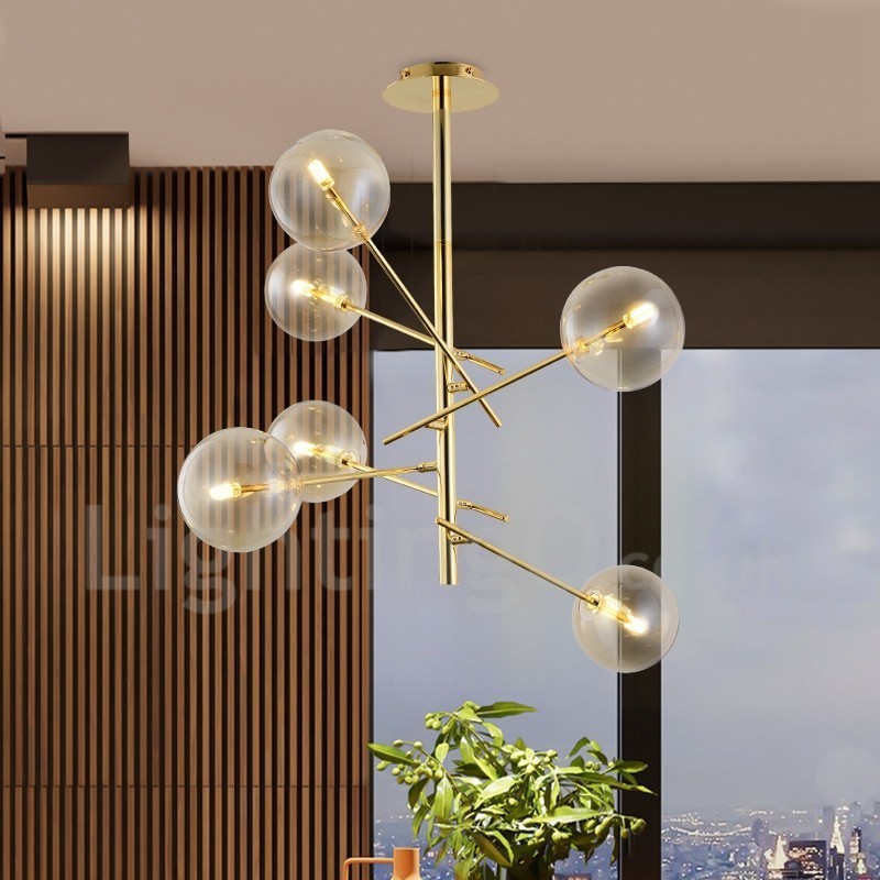 Lampadario nordico a 6 luci in ferro e vetro, forma a fagiolo, 60 cm
