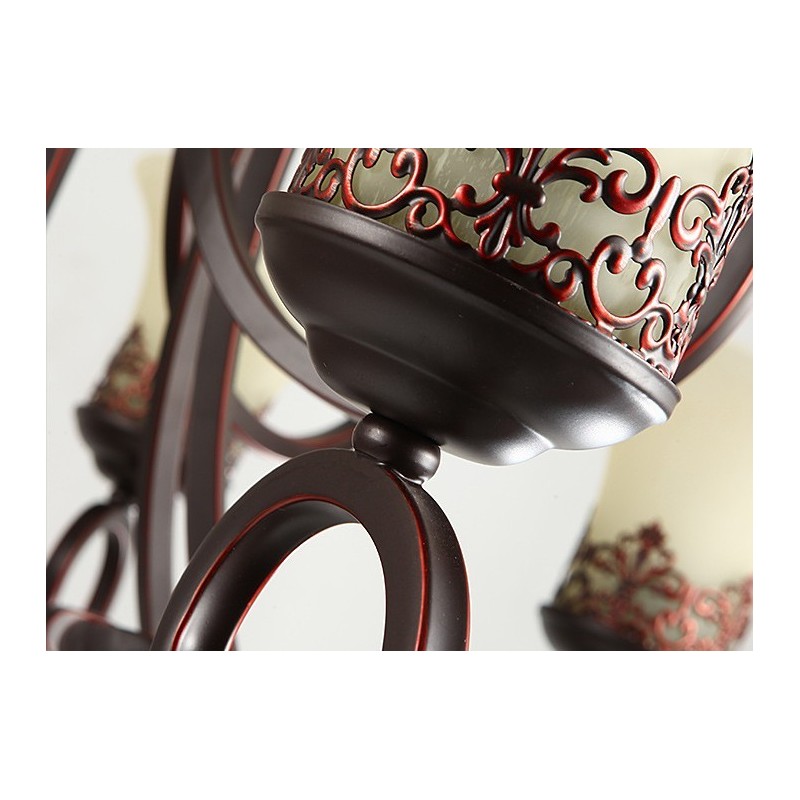 Lampadario vintage country in metallo nero con 24 luci e paralumi in vetro