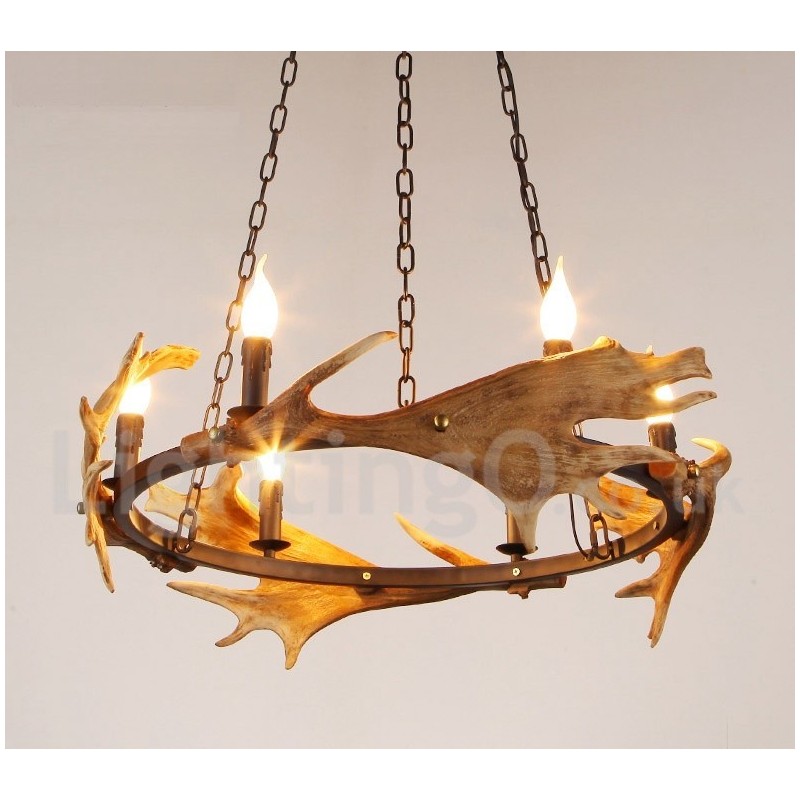 Lampadario rustico in corna di cervo a 6 luci E14, diametro 80 cm, altezza 80 cm