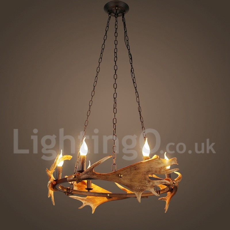 Lampadario rustico in corna di cervo a 6 luci E14, diametro 80 cm, altezza 80 cm