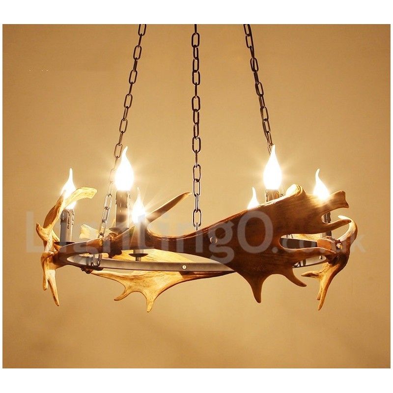 Lampadario rustico in corna di cervo a 6 luci E14, diametro 80 cm, altezza 80 cm
