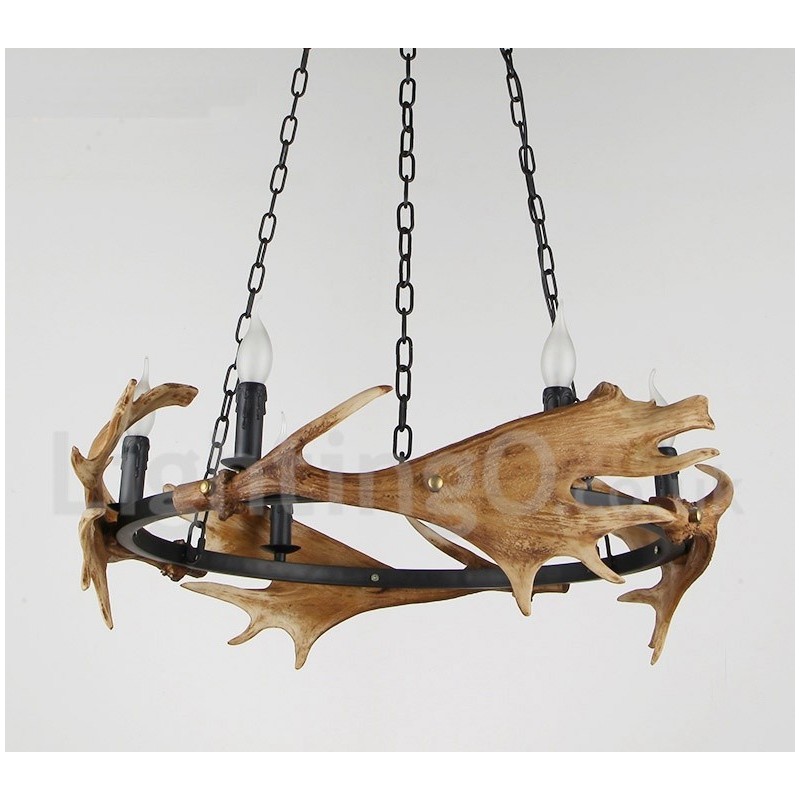 Lampadario rustico in corna di cervo a 6 luci E14, diametro 80 cm, altezza 80 cm
