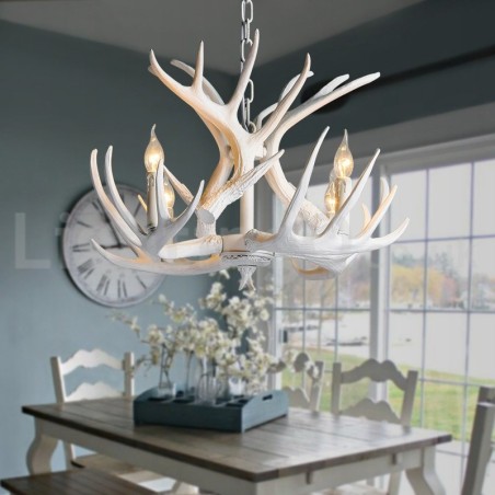 Lampadario rustico retrò a 4 luci in corna di cervo bianche E14 Ø62 cm H40 cm