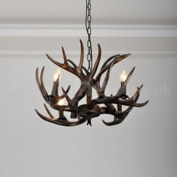 Lampadario rustico artistico retrò a 4 luci corna di cervo nero sfumato E14 Ø62 cm