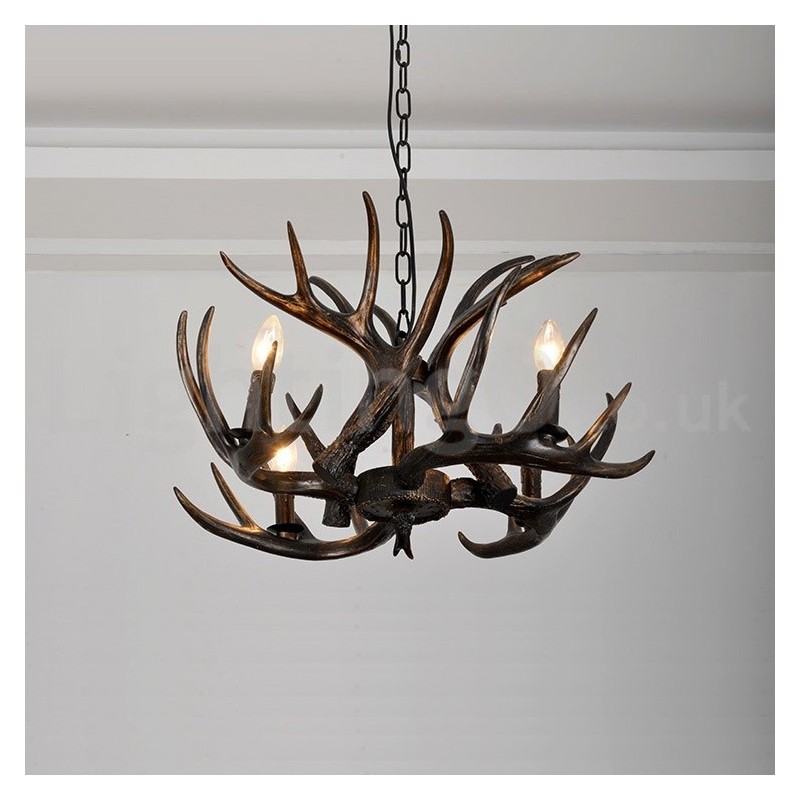 Lampadario rustico artistico retrò a 4 luci corna di cervo nero sfumato E14 Ø62 cm