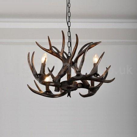 Lampadario rustico artistico retrò a 4 luci corna di cervo nero sfumato E14 Ø62 cm