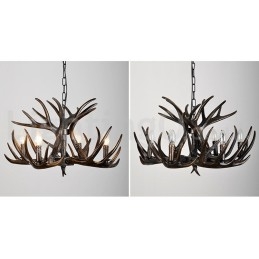 Lampadario rustico artistico retrò a 4 luci corna di cervo nero sfumato E14 Ø62 cm