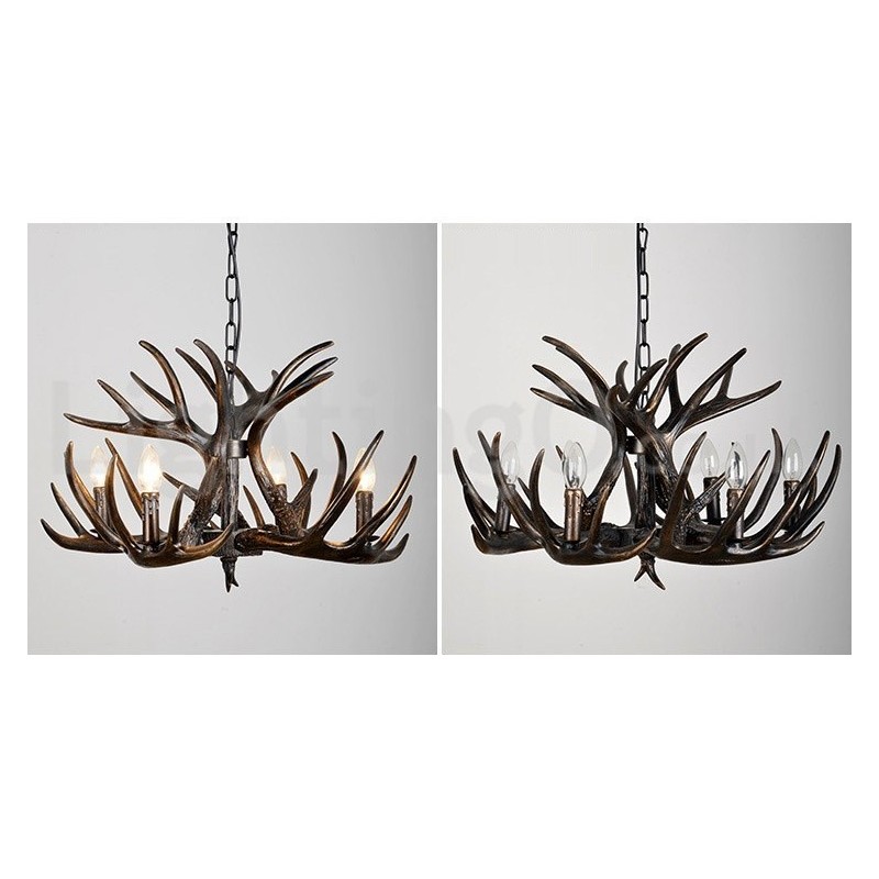 Lampadario rustico artistico retrò a 4 luci corna di cervo nero sfumato E14 Ø62 cm