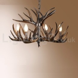 Lampadario rustico artistico retrò a 4 luci corna di cervo nero sfumato E14 Ø62 cm
