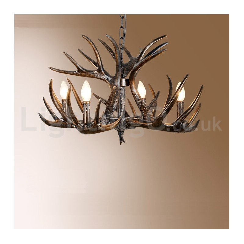 Lampadario rustico artistico retrò a 4 luci corna di cervo nero sfumato E14 Ø62 cm